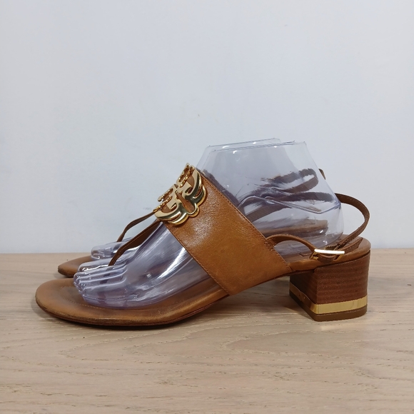 Tory Burch Brown Leather Gold Chain Block Heel Sandal Slides 1362 - Picture 1 of 14